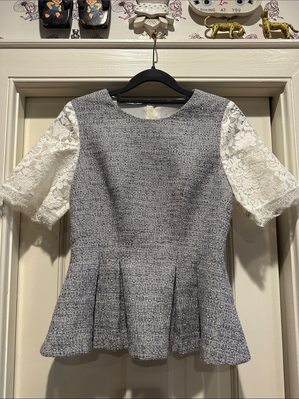 Rebecca Taylor Gray Tweed Peplum Top with White Lace Sleeves